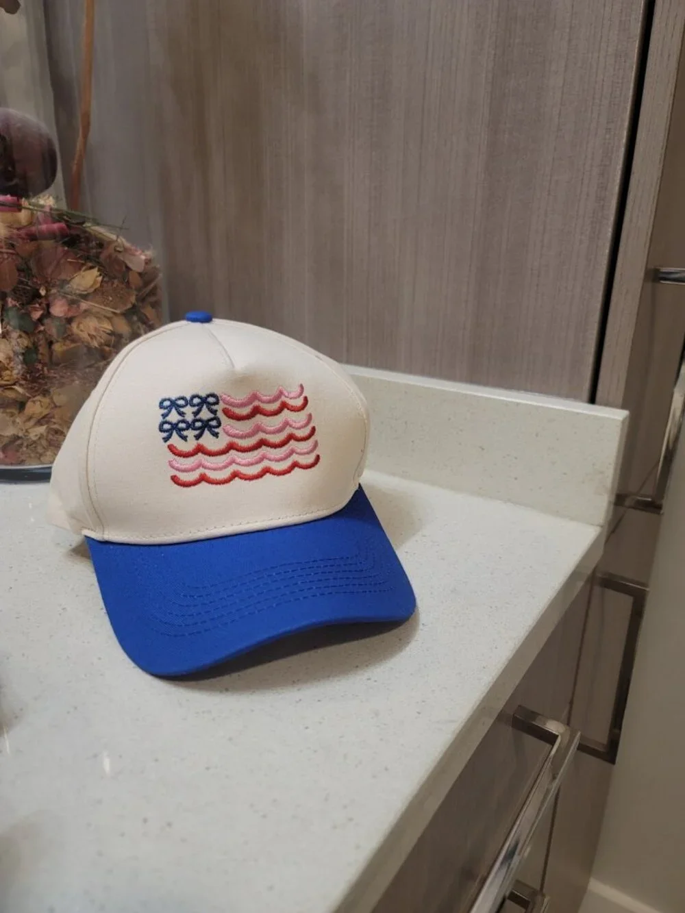 The Preppy Patriot Trucker Hat Snapback Women's O/S Scallop & Bows American Flag